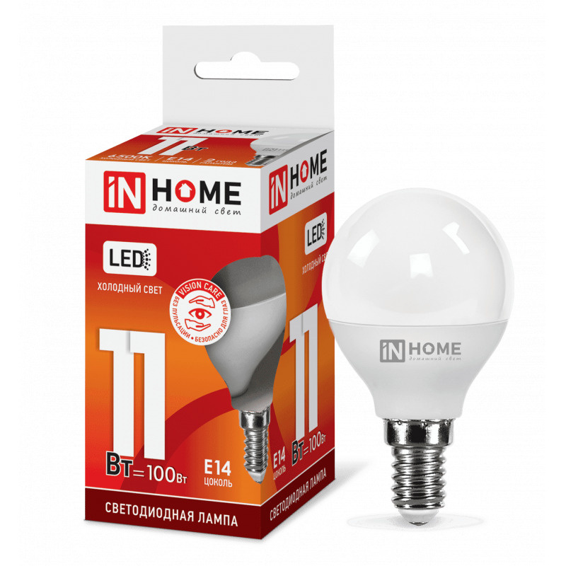 Лампа светодиод. IN HOME LED шар-VC 11Bт Е14 6500К /540920