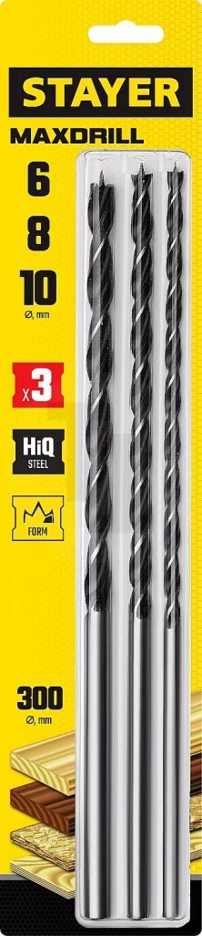 Набор сверл спиральных по дереву 6-8-10*300мм STAYER Maxdrill 3шт/2943-300-Н3