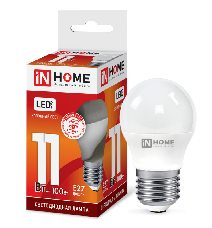 Лампа светодиод. IN HOME LED шар-VC 11Bт Е27 6500К /540921
