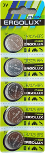Батарейки Ergolux CR2025  (CR2025-BP5,литиевая табл.,3V) 1шт/5712
