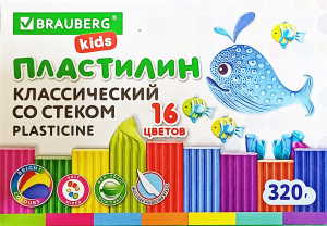 Пластилин классический BRAUBERG 16 цв, 320 г, СО СТЕКОМ 106508