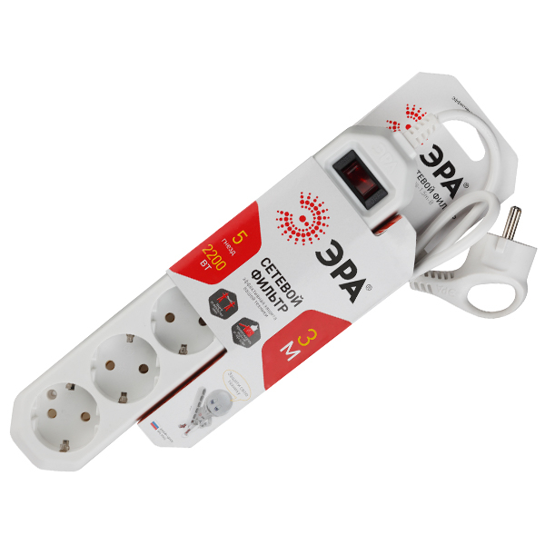 Фильтр сетевой ЭРА 5гн 3м с/з с выкл белый USF-5es-3m-I /6929