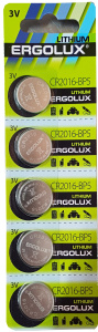 Батарейки Ergolux CR2016 (CR2016-BP5,литиевая табл.,3V) 1шт/5701