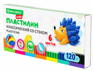 Пластилин классический BRAUBERG 6 цв.. 120 г, СО СТЕКОМ 106435