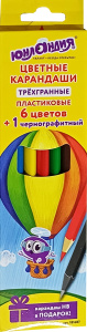 Карандаши цветные ЮНЛАНДИЯ 6 цв+1 ч/гр.  пластиковые, трехгранн 181687