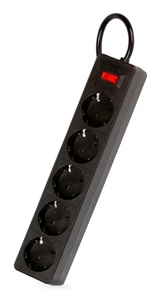 Фильтр сетевой Smartbuy 5 гн 1,8м с/з 10А 2200Вт ПВС 3*0,75, черный/2555