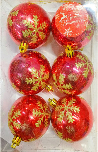 Набор шаров пластик d-6,5 см, 6 шт "Снежинка глянец" красный/3259900