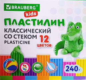 Пластилин классический BRAUBERG 12 цв, 240 г, СО СТЕКОМ 106436