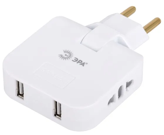 Разветвитель электрический ЭРА SPF-2-FL-USB поворотный 2 гн. белый 10А + 2USB/ 8720