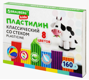 Пластилин классический BRAUBERG 8 цв.. 160 г, СО СТЕКОМ 106501
