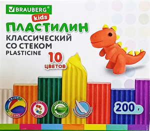 Пластилин классический BRAUBERG 10 цв.. 200 г, СО СТЕКОМ 106504
