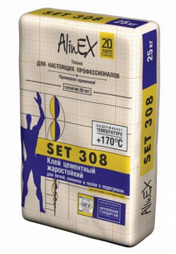 Клей AlinEX SET 308, 25 кг (для плитки, печи, камины, серый)/3561