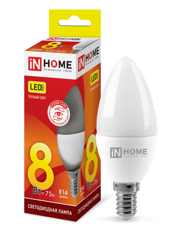 Лампа светодиод. IN HOME LED свеча-VC 8Bт Е14 4000К
