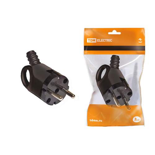 Вилка угловая с/з черная с ушком 16А 250В TDM/1806-0006